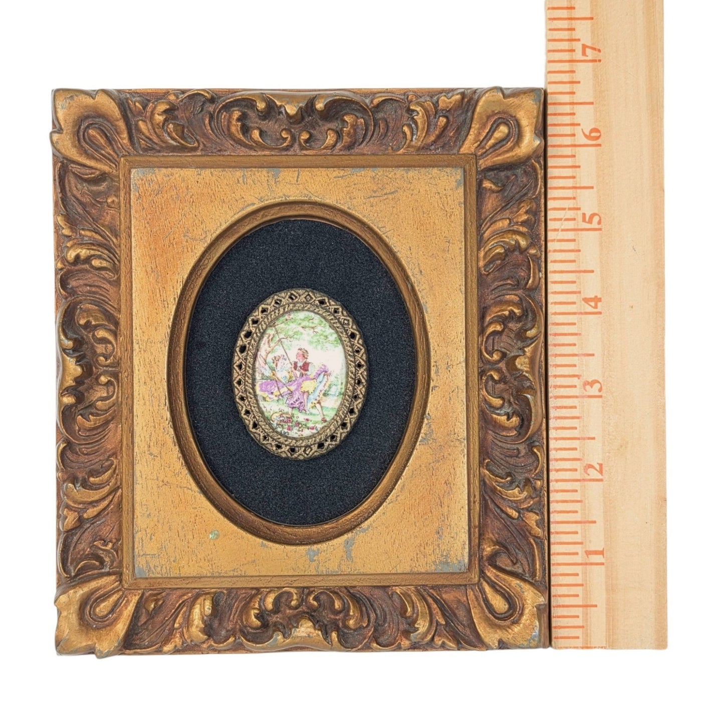 Vintage Courting Couple Miniature Portrait Plaque Ornate Frame Made in USA