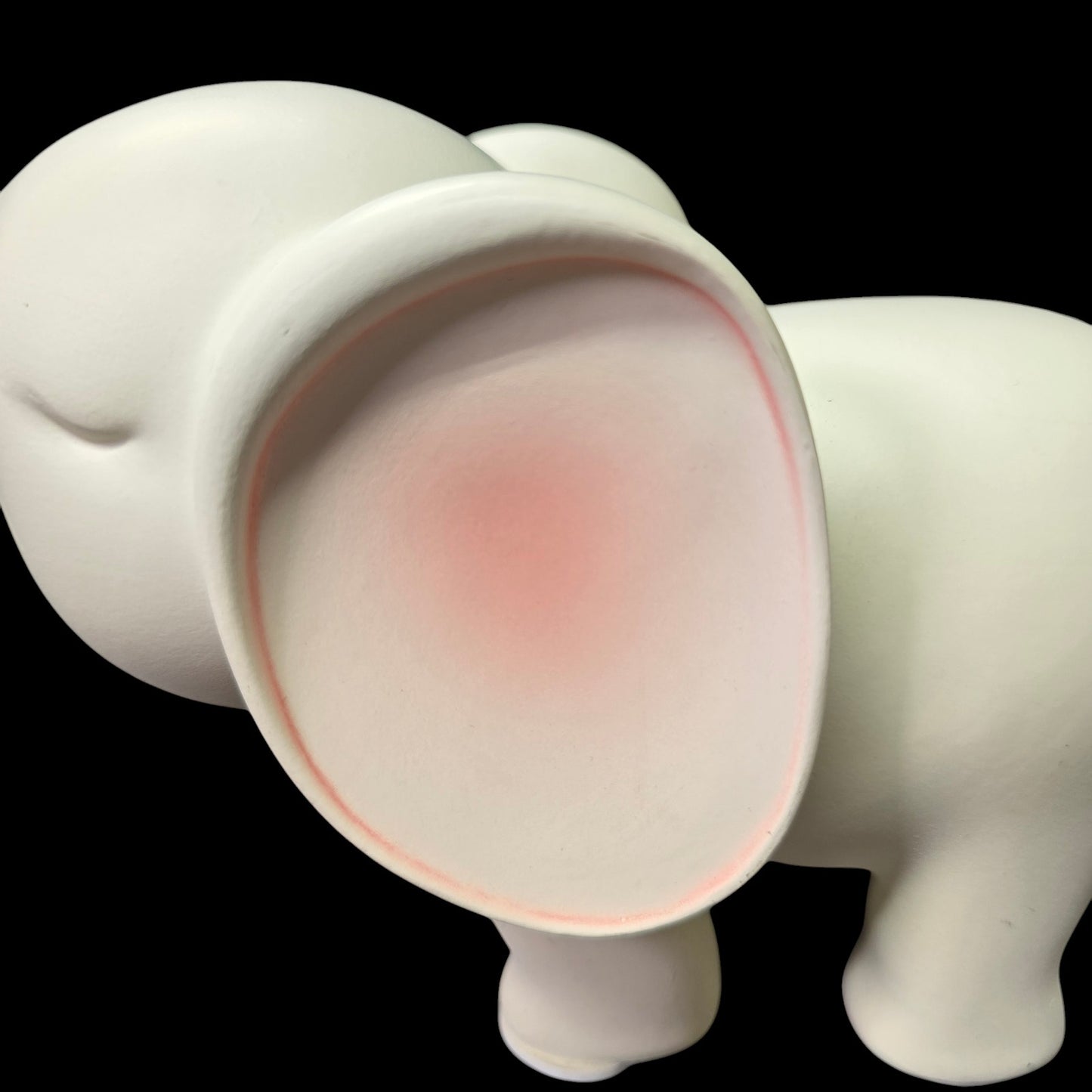 Smooth Satin Ceramic Elephant Figurine, Trunk Up  White and Pink Elephant