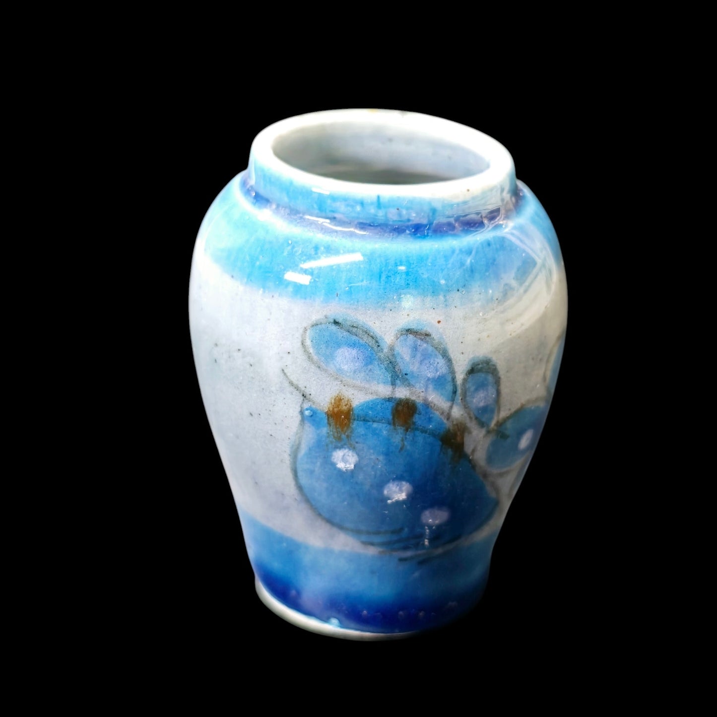 Miniature Stoneware Vase, Handpainted Bud Vase, Tiny Blue Floral Vase 2.25"