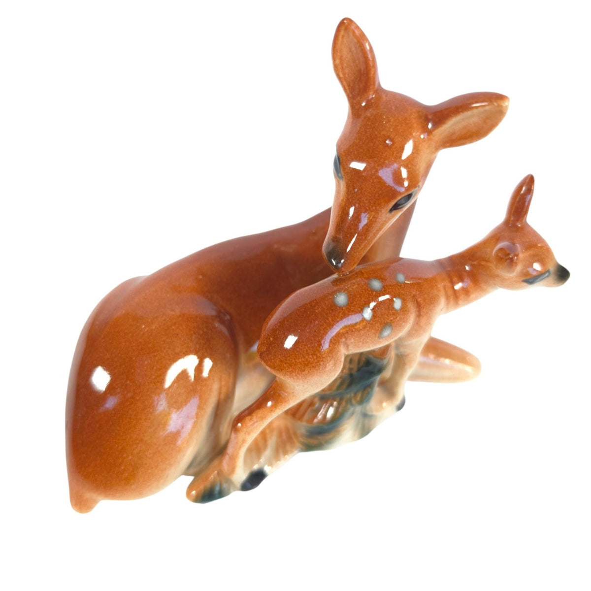 Vintage Ceramic Mother Deer & Spotted Fawn Figurine Doe Baby Woodland 5.75"