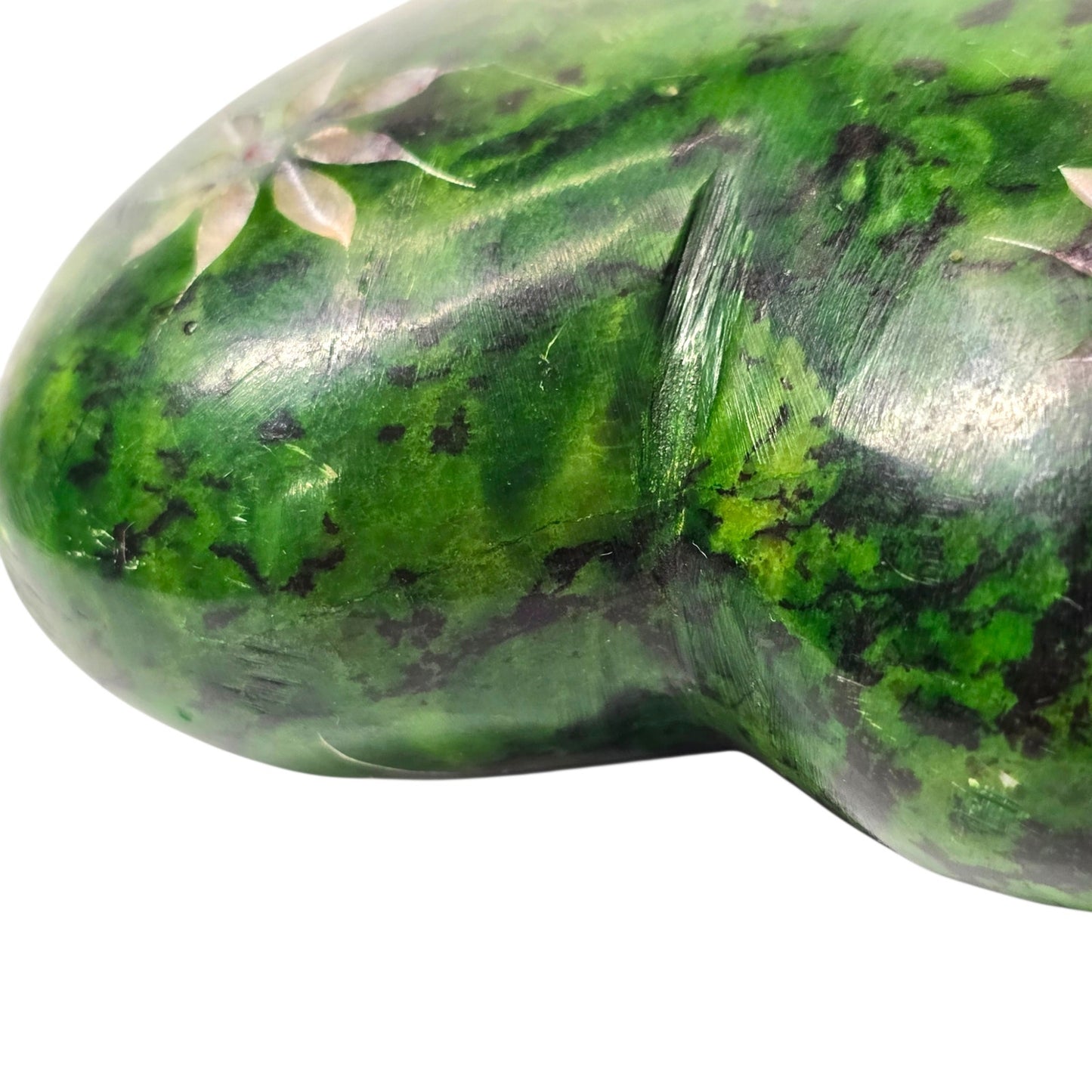 Carved Soapstone Heart Paperweight Green HOPE Etched Flower India Heavy 4"