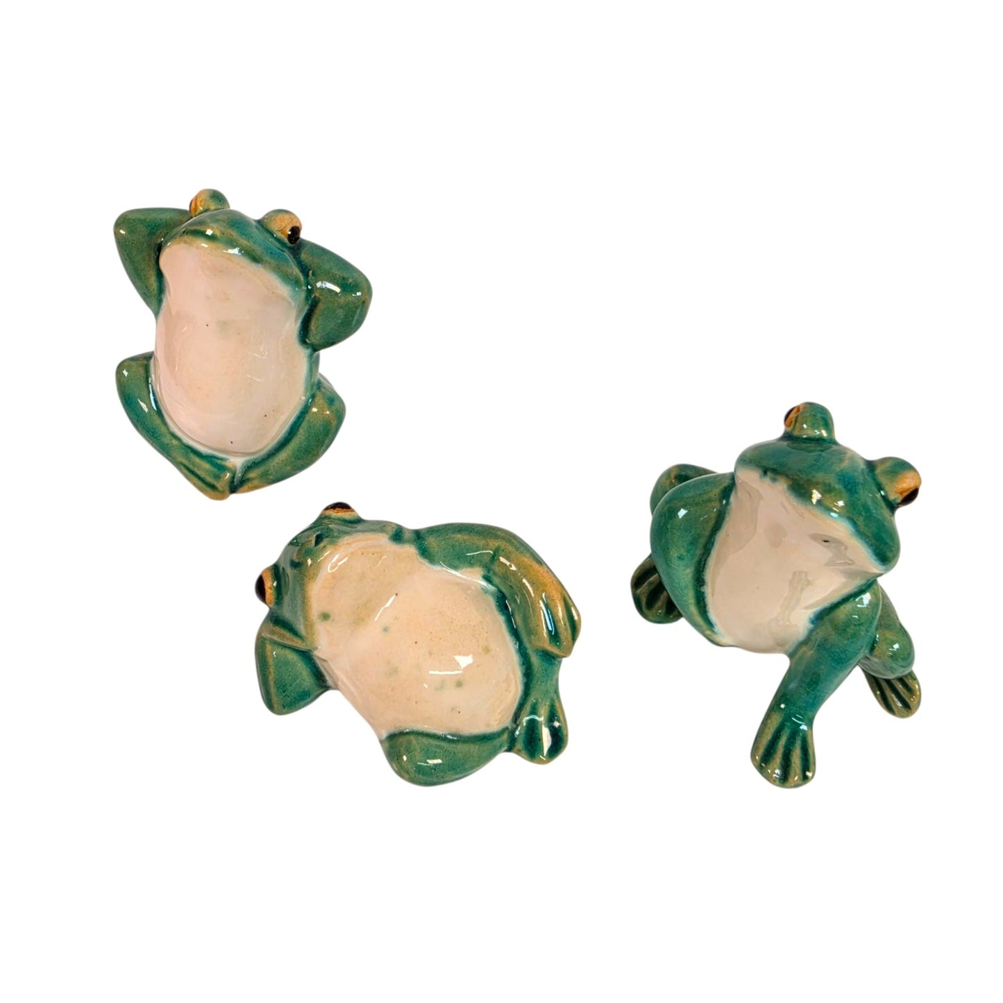 Vtg Ceramic Frog Figurines Lounging Set of 3 Whimsical Anthropomorphic MCM Decor