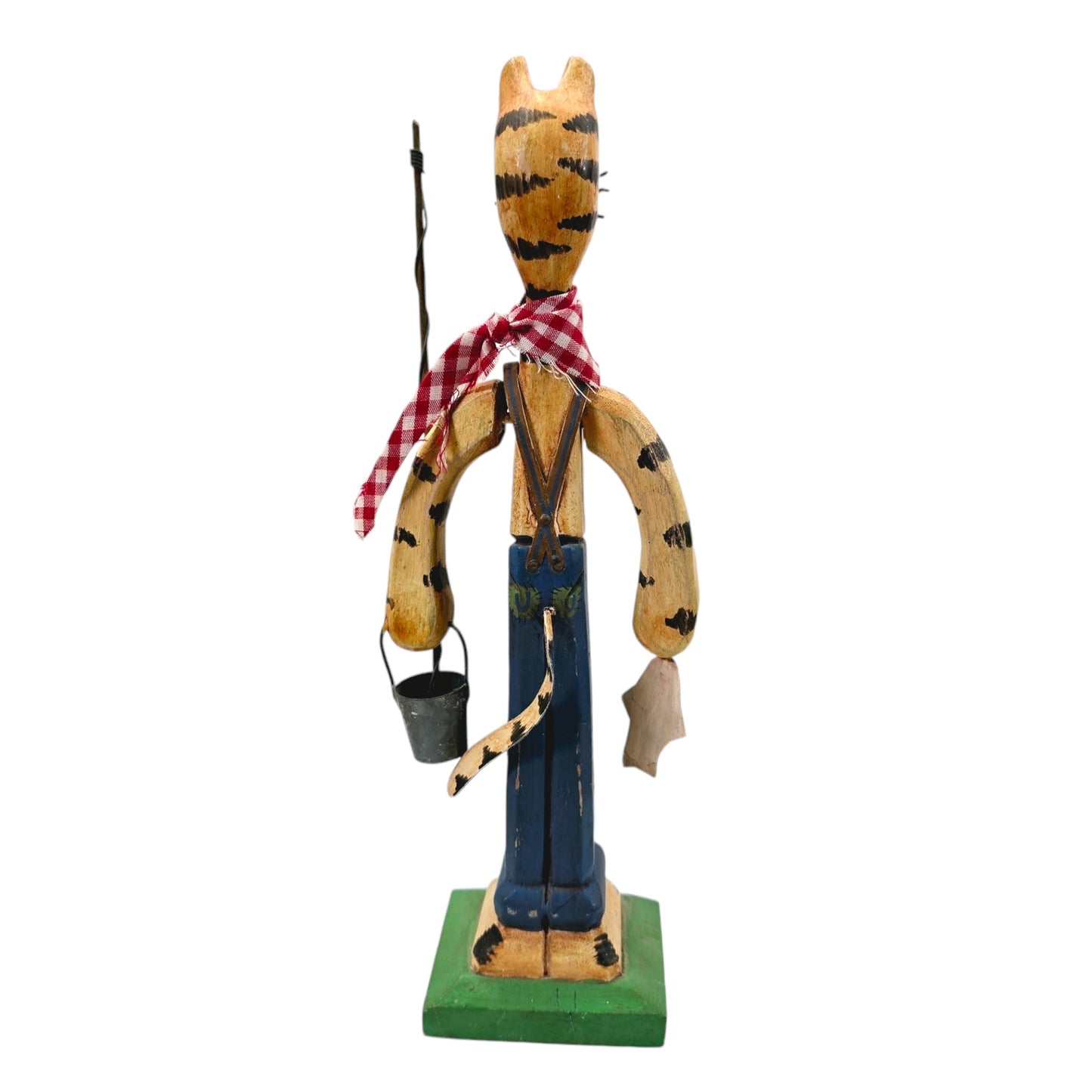 Vintage Hand-Carved Wooden Folk Art Cat Fisherman with Rod, Pail and Fish in Hand, 10" H