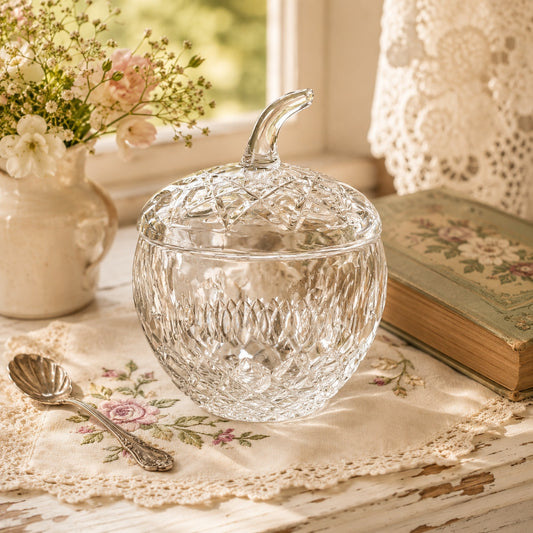 Vintage Crystal Apple Jar Lidded Sugar Bowl Cut Glass Tabletop Decor Acorn Glass