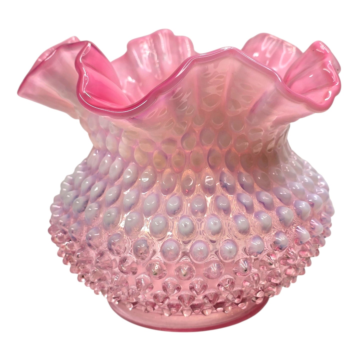 AS IS Fenton Cranberry Rose Opalescent Hobnail Ruffled Vase Uranium Reactive