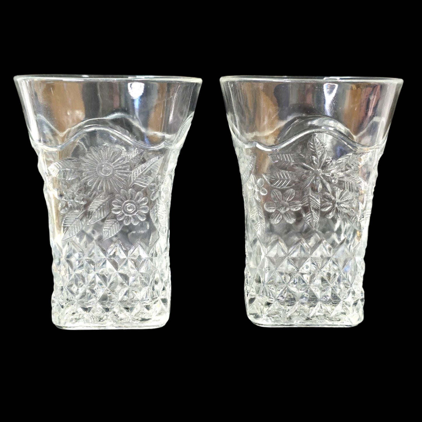 AS IS Vtg Pressed Glass Tumblers Pair 4" Daisy Diamond Pattern Clear Square Base