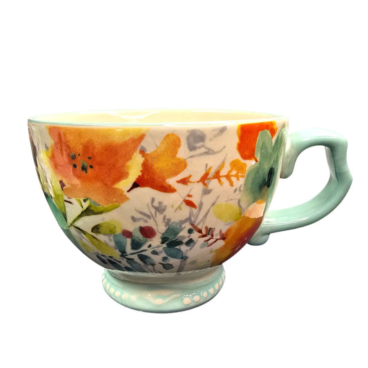 Pioneer Woman Willow 27oz Ceramic Cup Mug Floral Mint Handle Farmhouse Kitchen