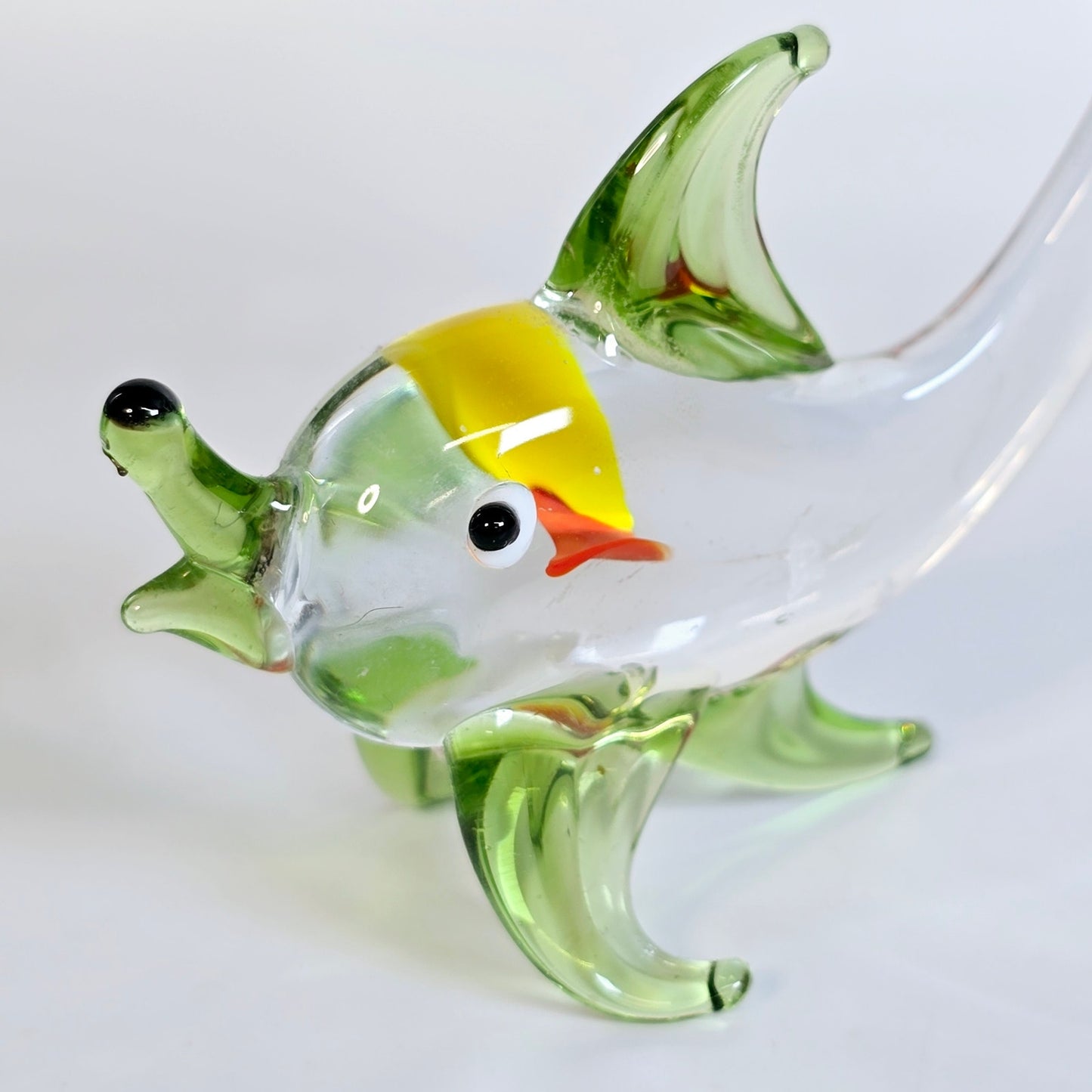 Handblown Art Glass Fish, Green, Yellow, Orange Stretch Glass Fish