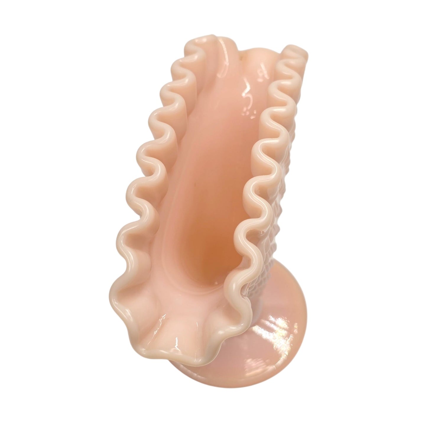 Vtg Fenton Pastel Pink Milk Glass Hobnail Fan Vase 4" Trumpet Uranium Reactived