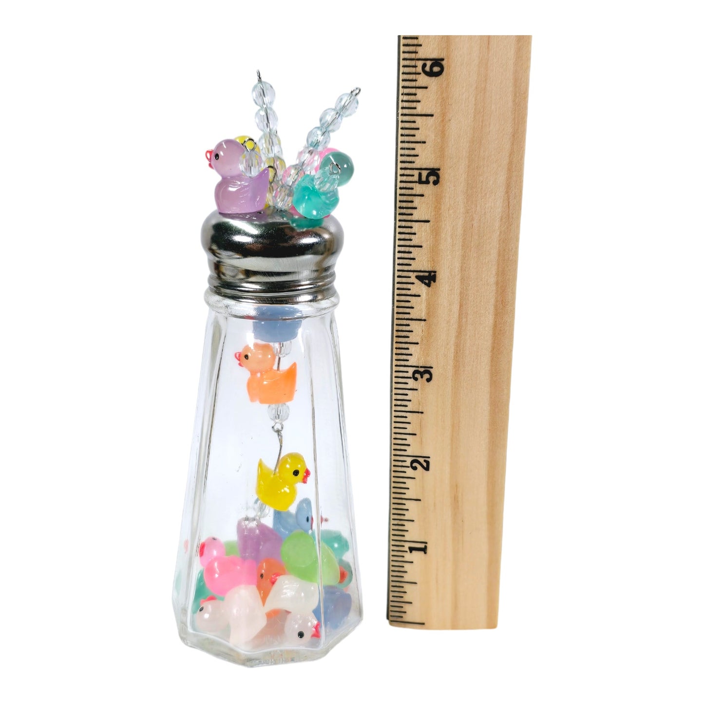 Glowy Ducks Salt Shaker Display Art Piece, Glowy Ducks in Glass Shaker Jar, 6" H with Pins