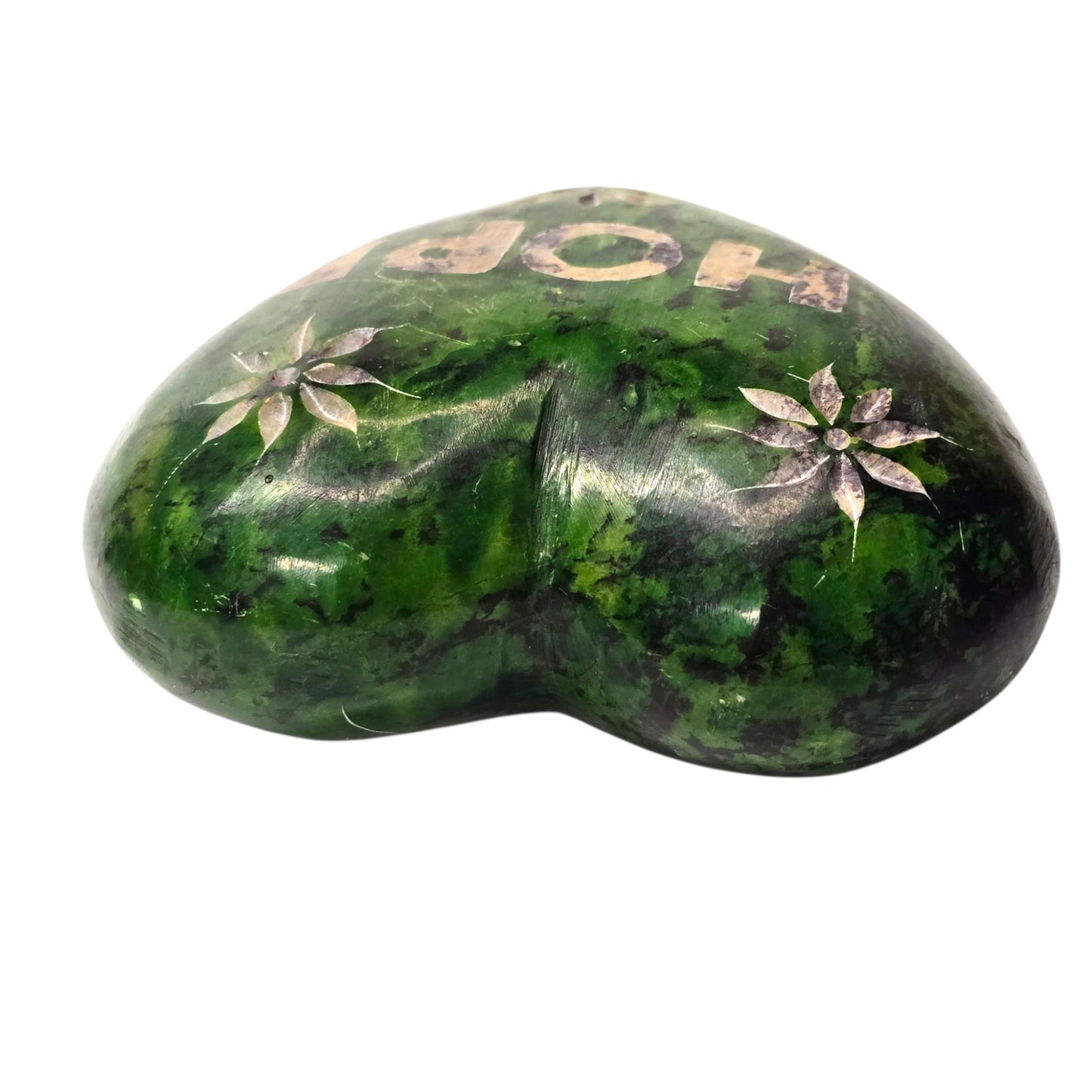 Carved Soapstone Heart Paperweight Green HOPE Etched Flower India Heavy 4"