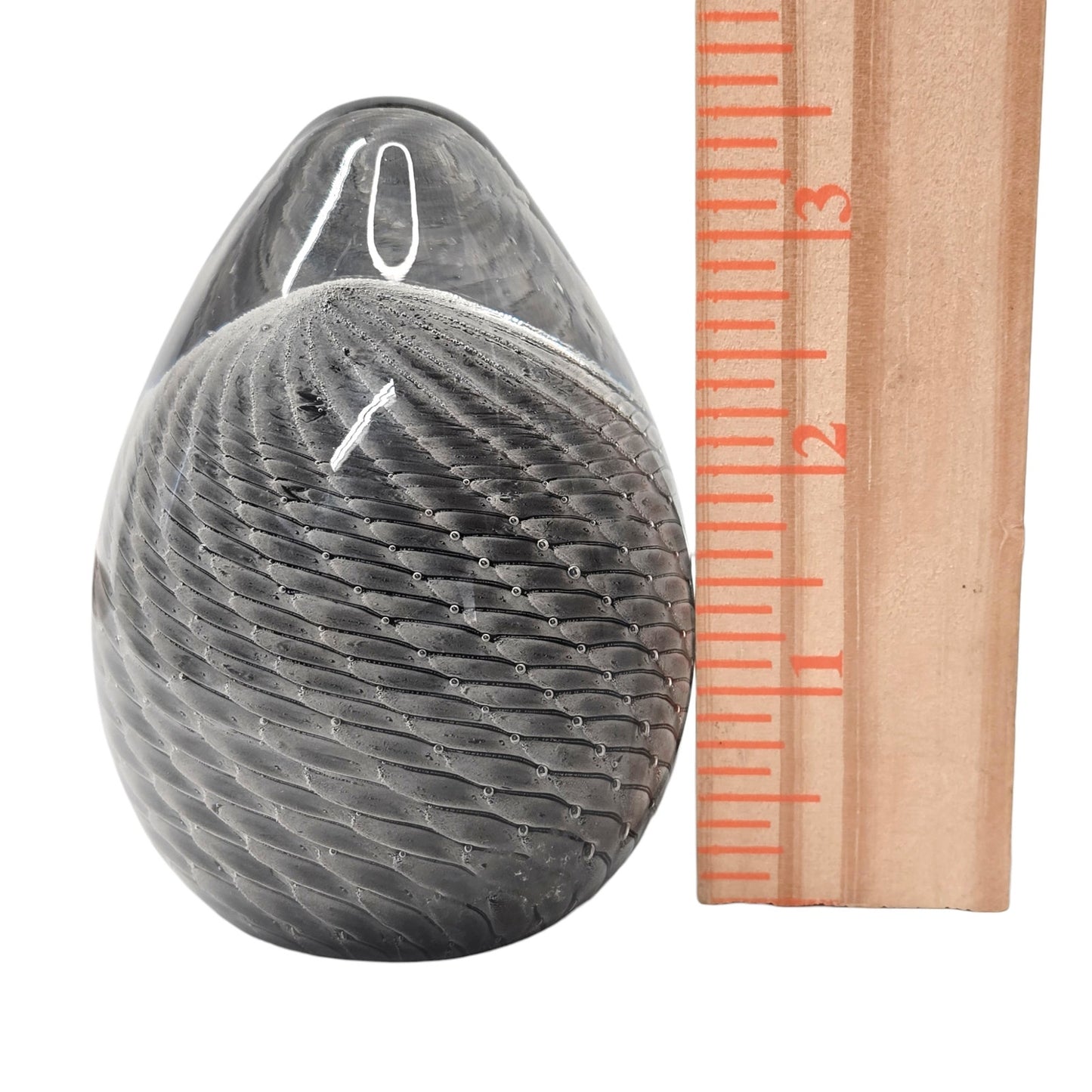 Signed Vtg Marcolin Sweden Art Glass Egg Paperweight Black White Ribbon Swirl 80