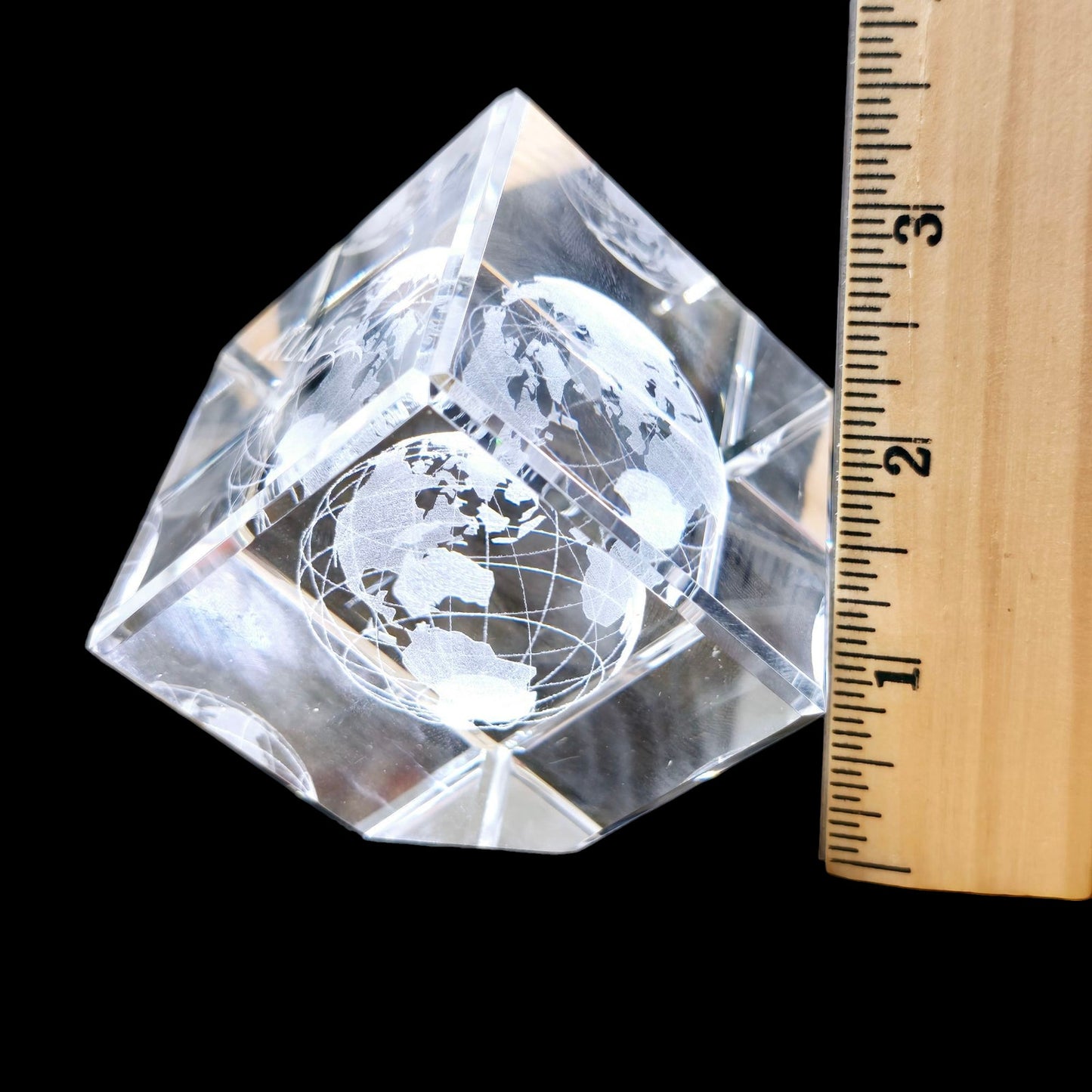 3D Laser Etched Globe Crystal Glass Cube Paperweight, Marked "Atlas"