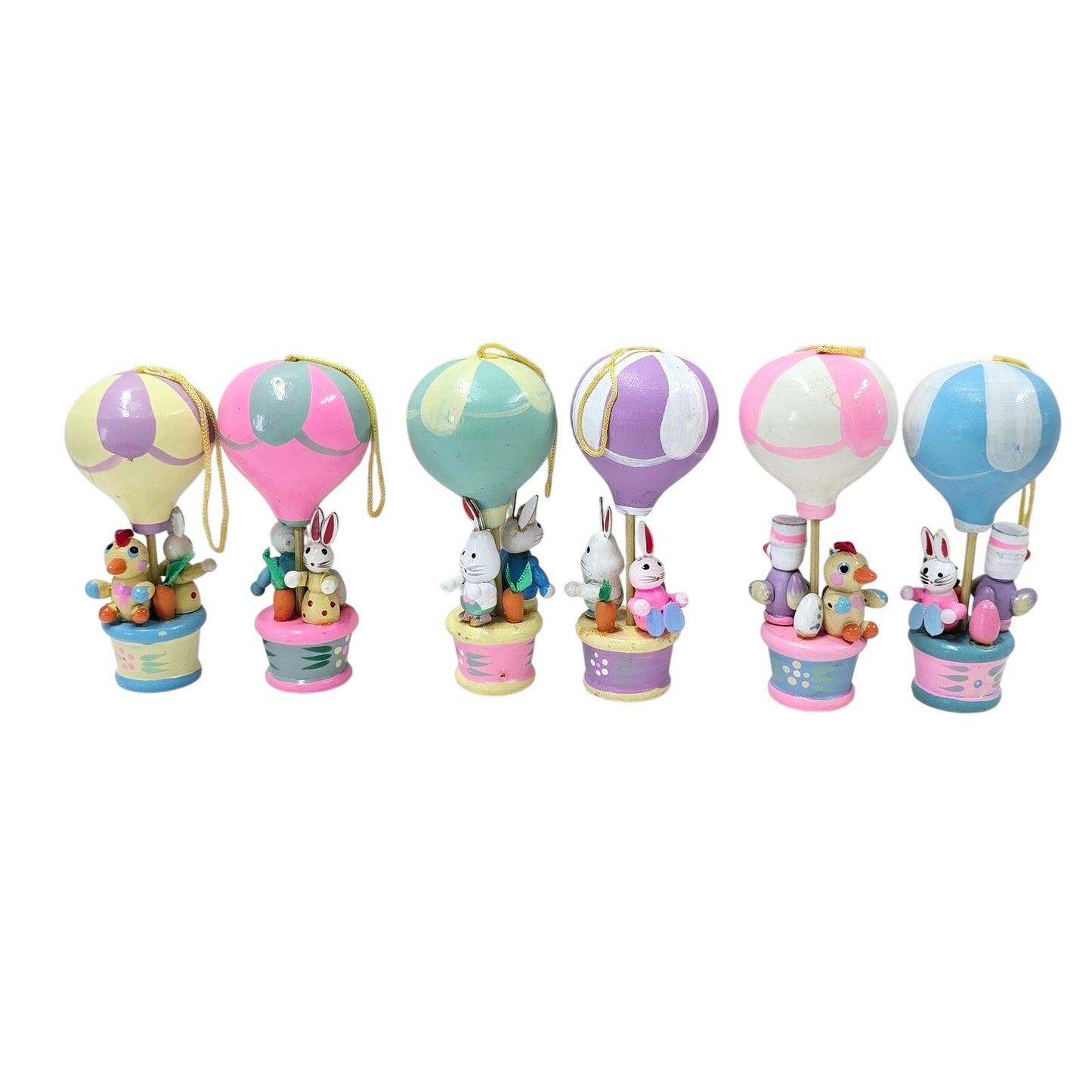 Set of 6 Adorable Vintage Wooden Hot Air Balloon Easter Ornaments with Bunnies and Chicks, Handpained