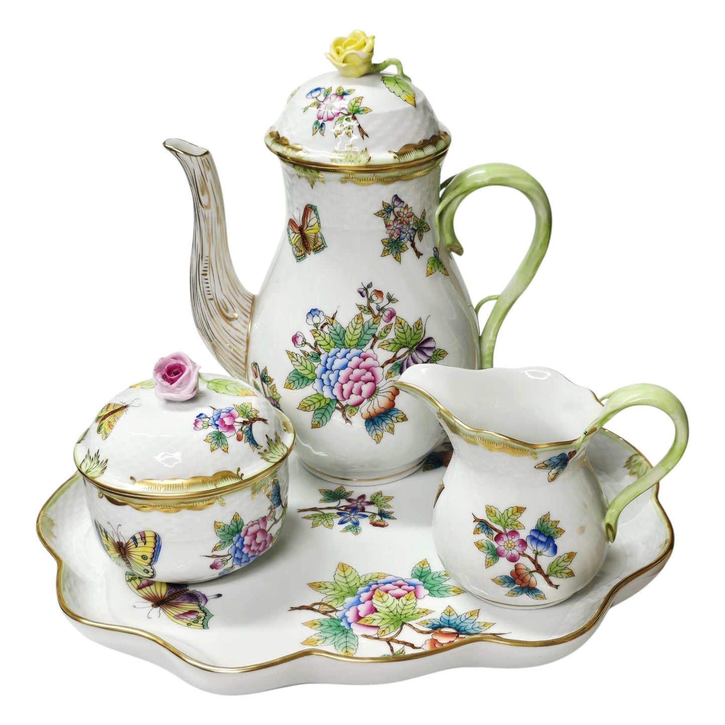 Herend Queen Victoria VBO 4-Pc Set - Pot, Tray, Creamer, Lidded Sugar - 24k Gold