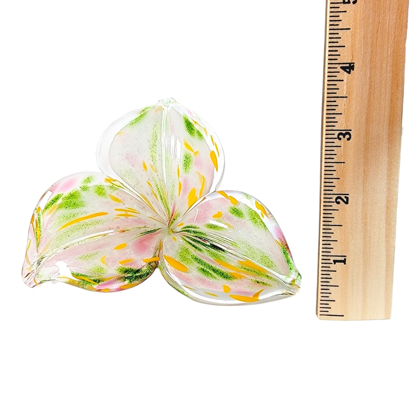 Hand-Blown Art Glass Flower with Stem in Pink, Green and Orange, 3 Leaf Flower