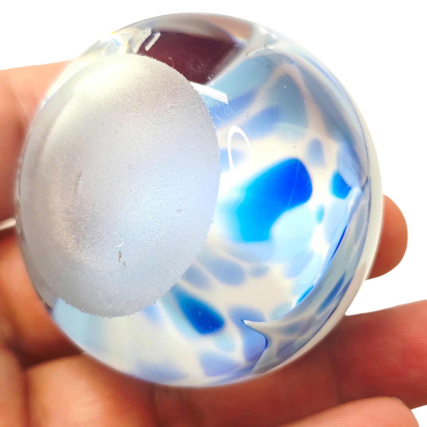 Signed Jodi Bove 1991 Art Glass Paperweight Blue White Floral Swirl Flower 2"