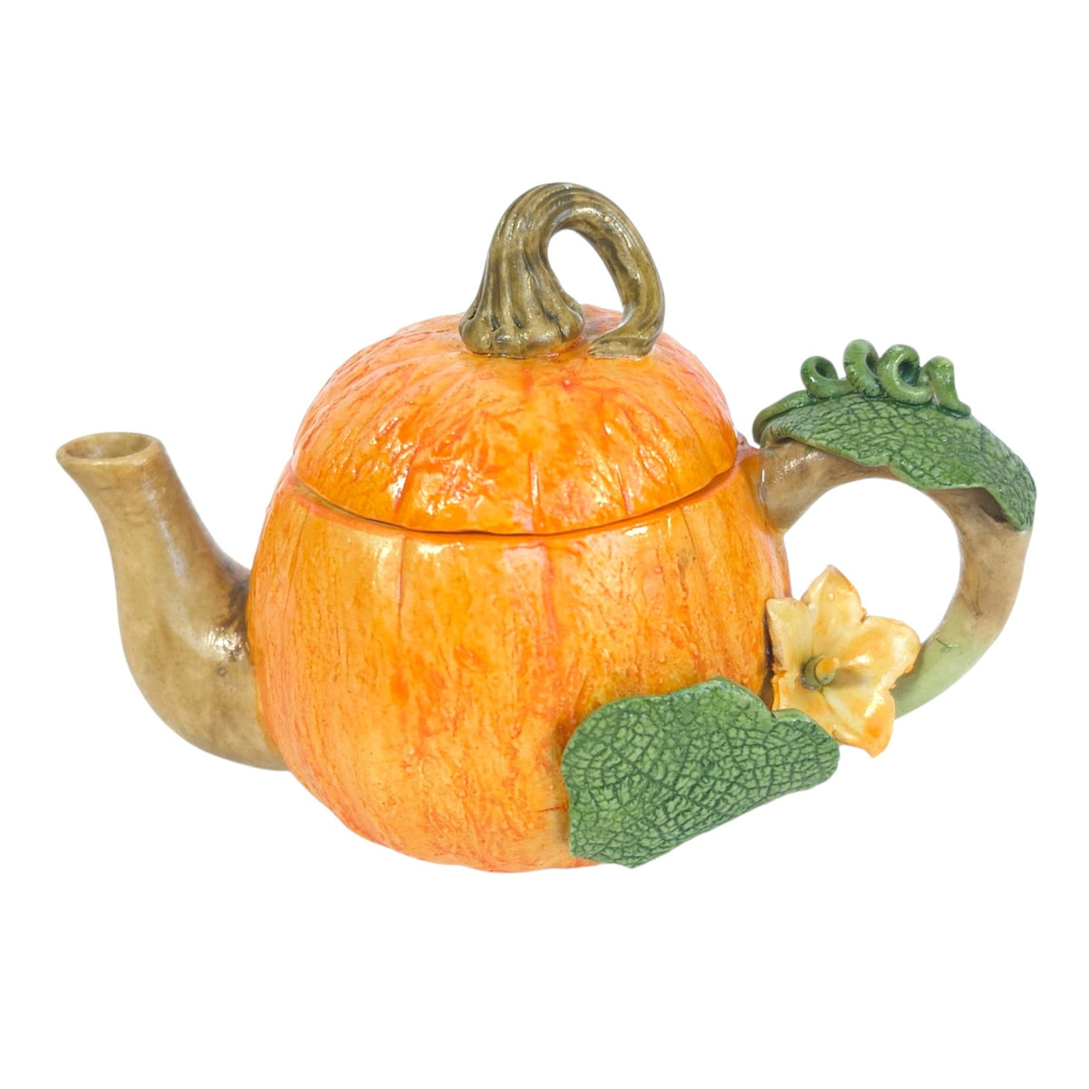 Khien Thailand Miniature Pumpkin Teapot Ceramic Flower Vine Handle Collectible