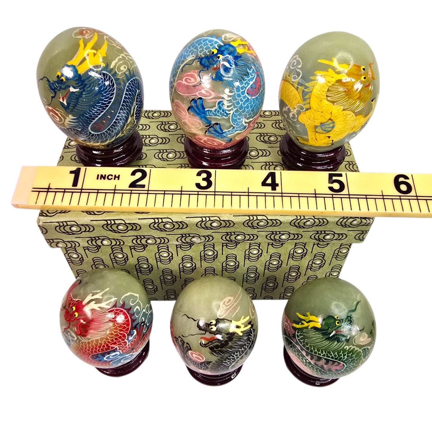 Vtg Set of 6 Chinese Hand Painted Dragon Eggs Green Marble Stone w/ Stands & Box