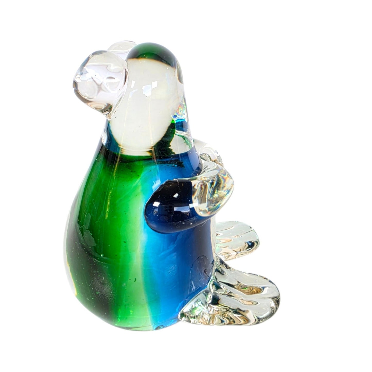 (Reserved for Customer) Vintage Art Glass Mouse? Koala? Figurine Paperweight Blue Green Cased Clear
