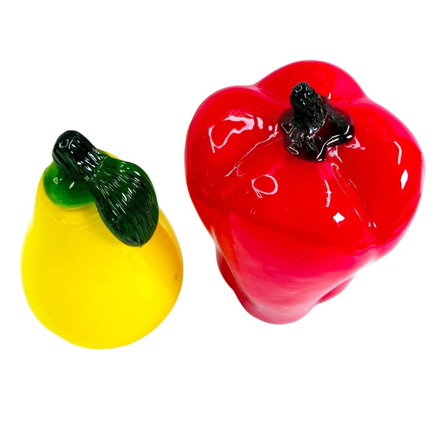 Hand-Blown Art Glass Yellow Pear and Red Bell Pepper, Glass Fruit, Glass Vegetable