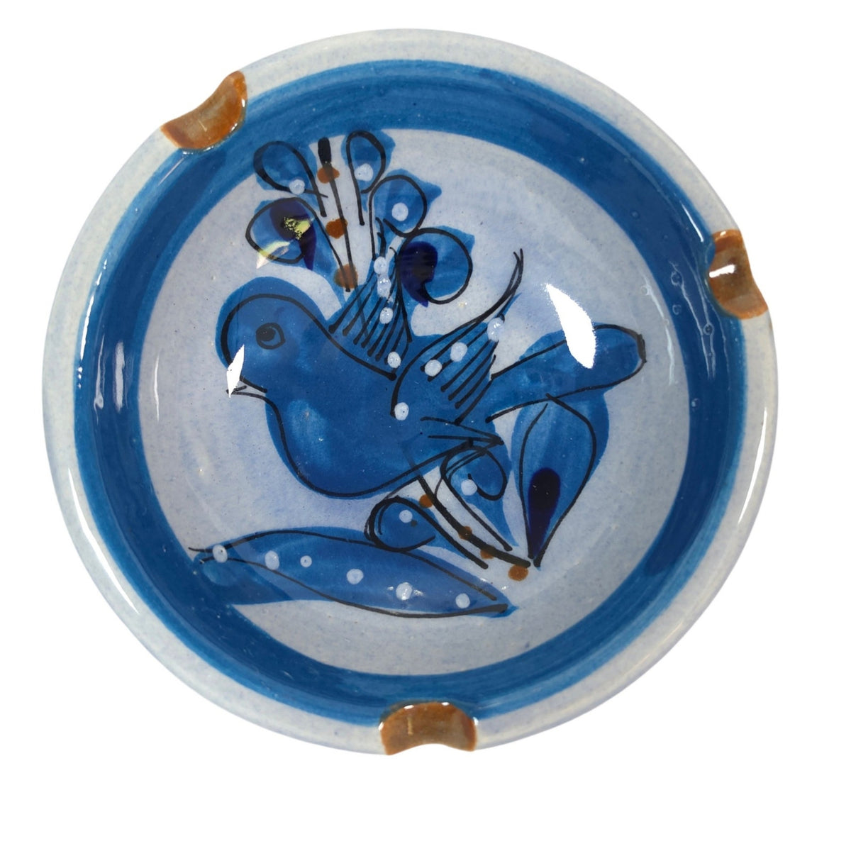 Vintage Tonala Mexico Art Pottery Blue Bird Trinket Dish Signed Folk Art