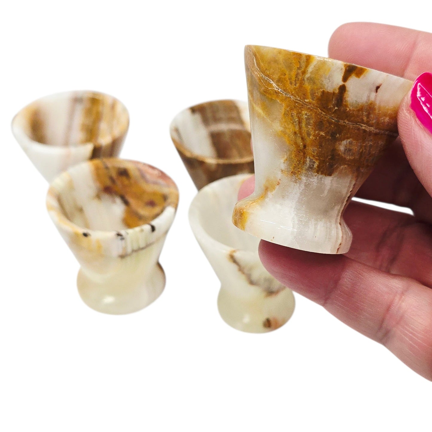 5 Vtg Onyx Stone Egg Cups Shot Glasses Hand Carved Marble Spring Brunch Barware