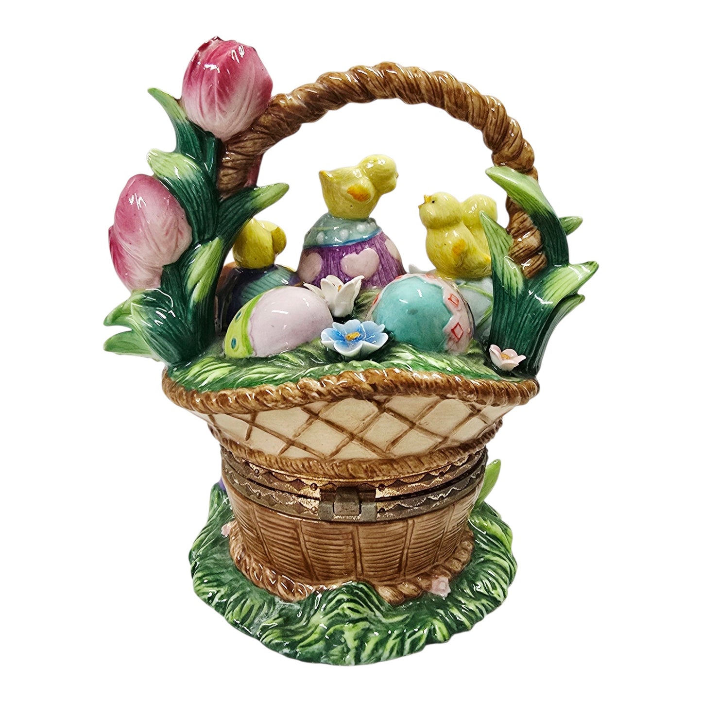 Large Hinged Ceramic Easter Basket Trinket Box Floral Chicks & Eggs Spring Decor