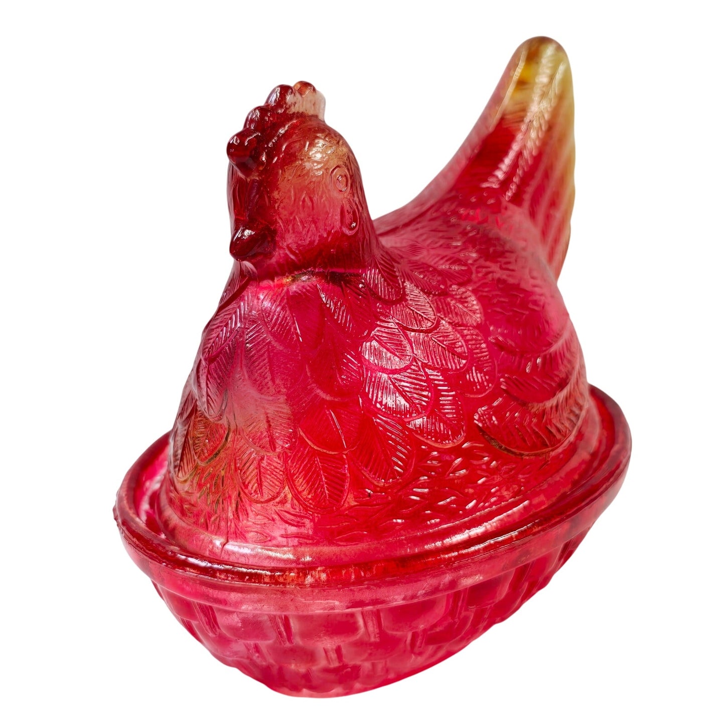 Vintage Red Amberina Flashed Glass Hen on Nest Lidded Candy Dish