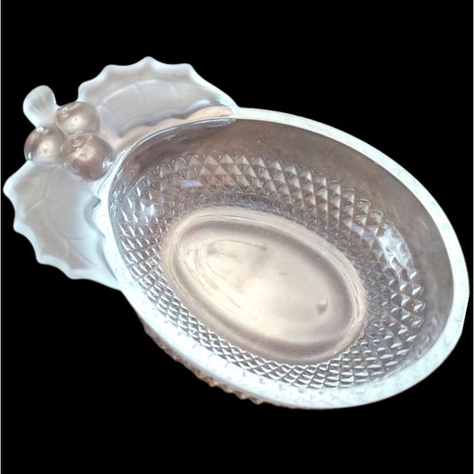 Vintage Holly Berry Candy Dish, Frosted Glass, Trinket Christmas Decor Holiday