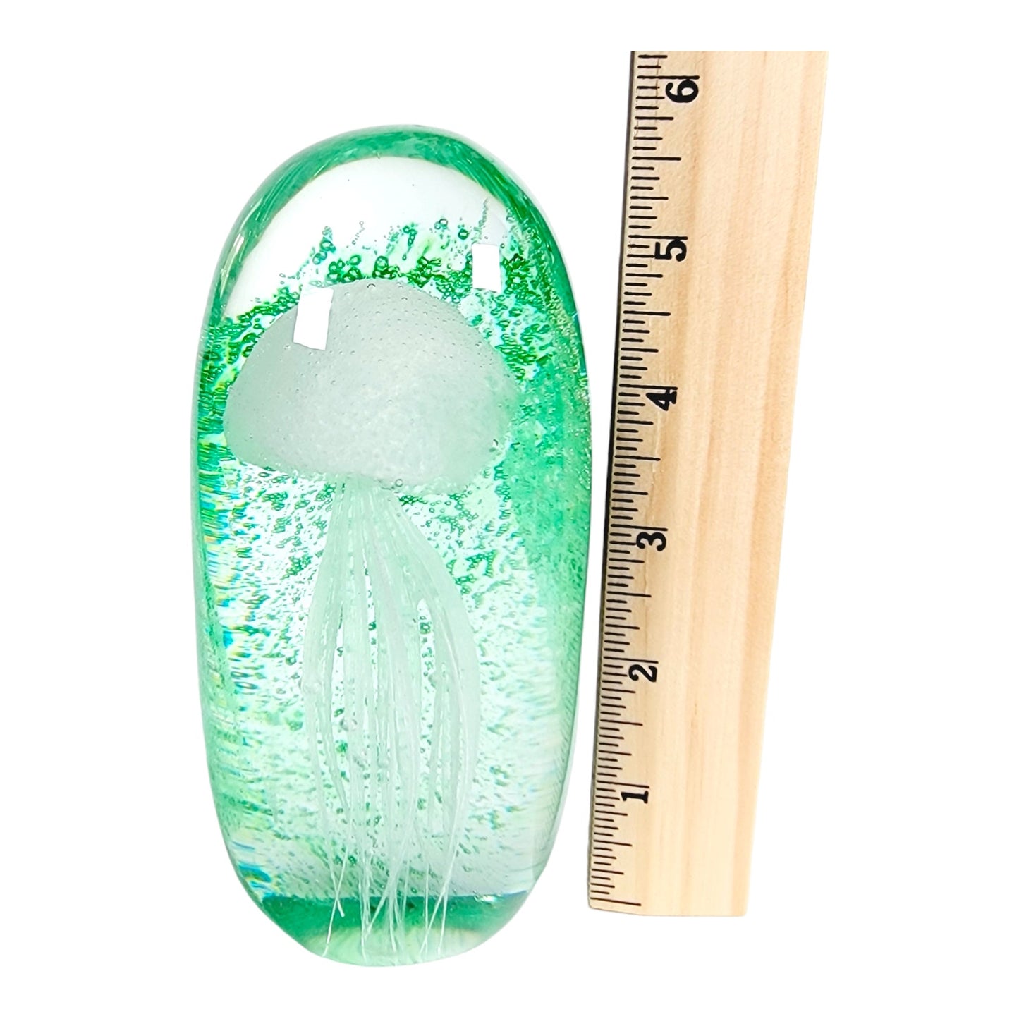 Green Art Glass Jellyfish Paperweight, Glows, Hand-Blown Art Glass Jellyfish