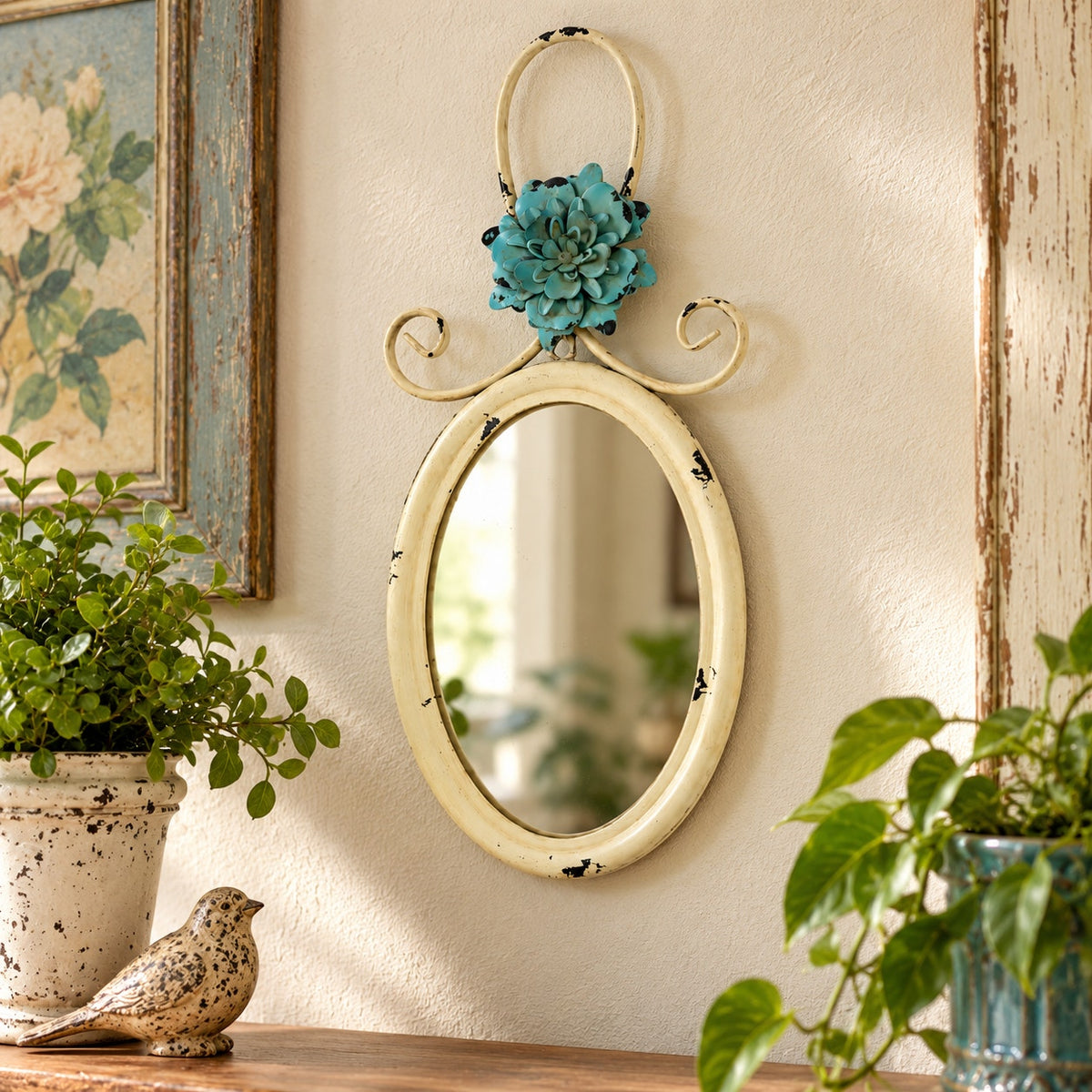 Hobby Lobby Shabby Chic Wall Mirror Distressed Ivory Teal Metal Flower Decor
