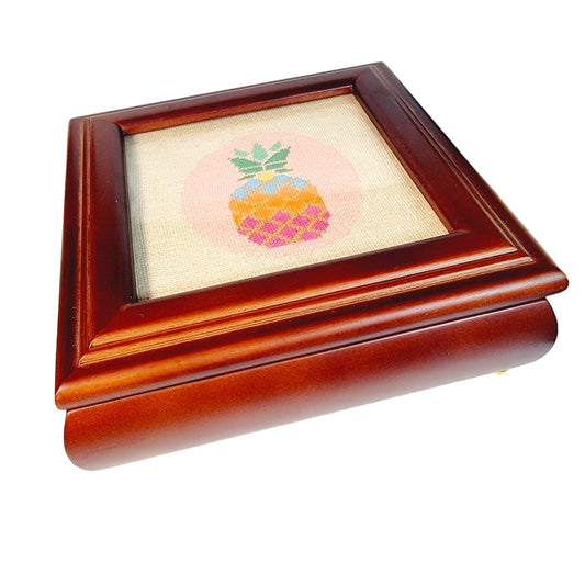 Lined Wooden Box with Hinged Lid with Framed Colorful Pineapple Cross-Stitch, Wooden Trinket Box