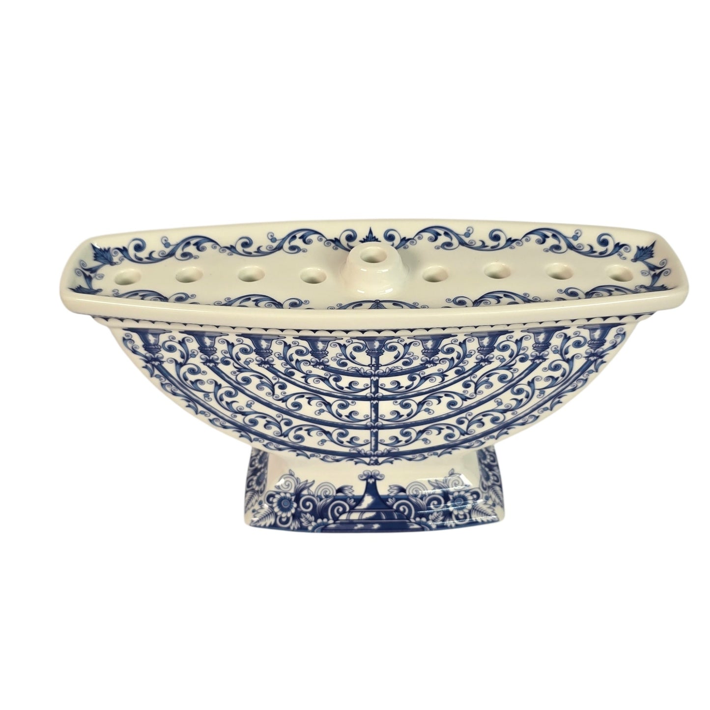 Vintage Spode The Judaica Collection Ceramic Hanukkah Menorah Blue White Scroll
