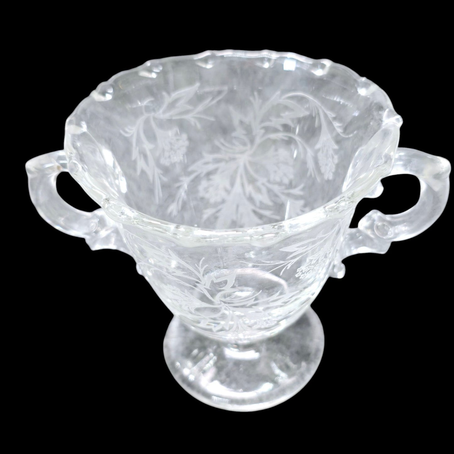Vtg Fostoria Heather Glass Sugar Jar w/ Handles Baroque Style Floral Leaf Pattern