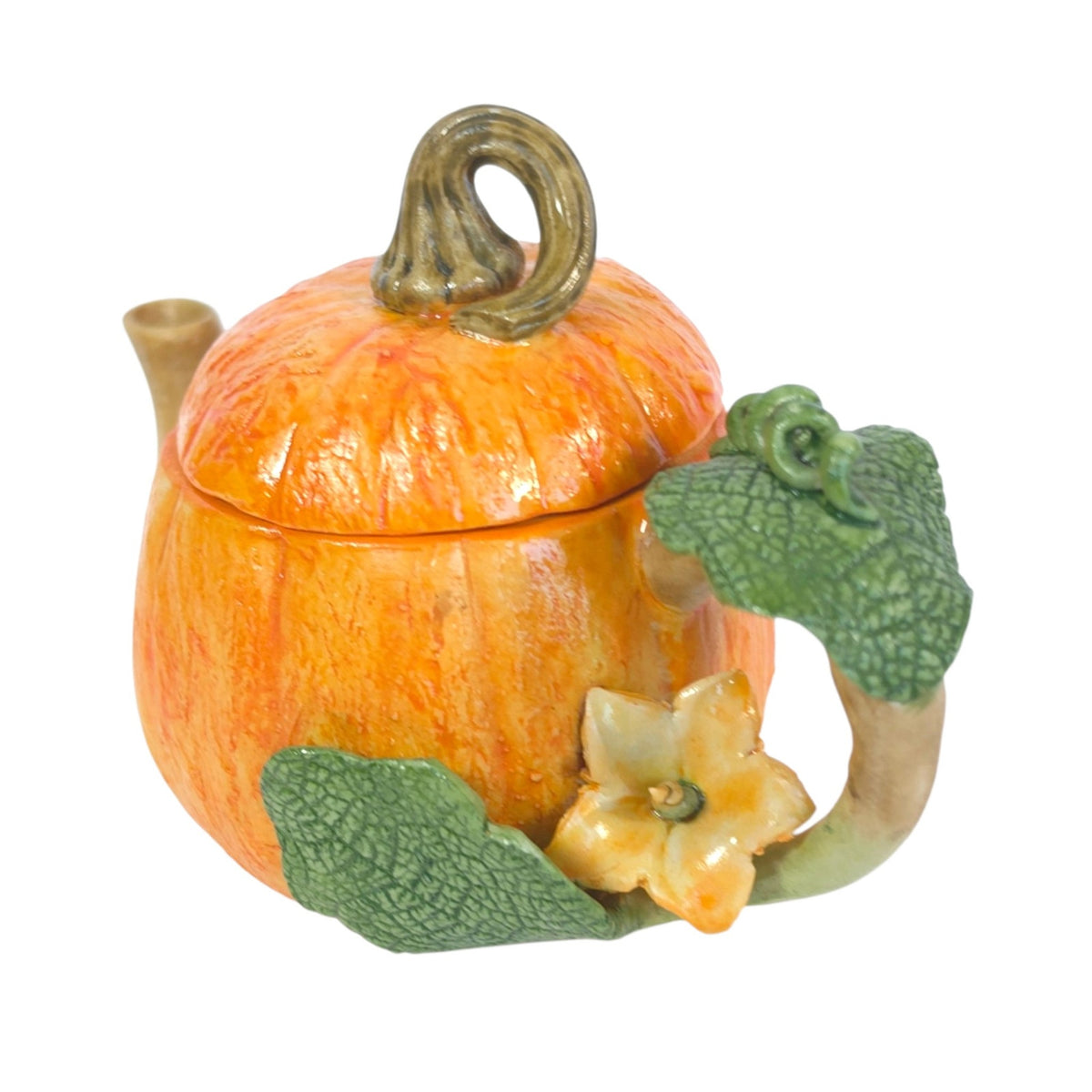 Khien Thailand Miniature Pumpkin Teapot Ceramic Flower Vine Handle Collectible