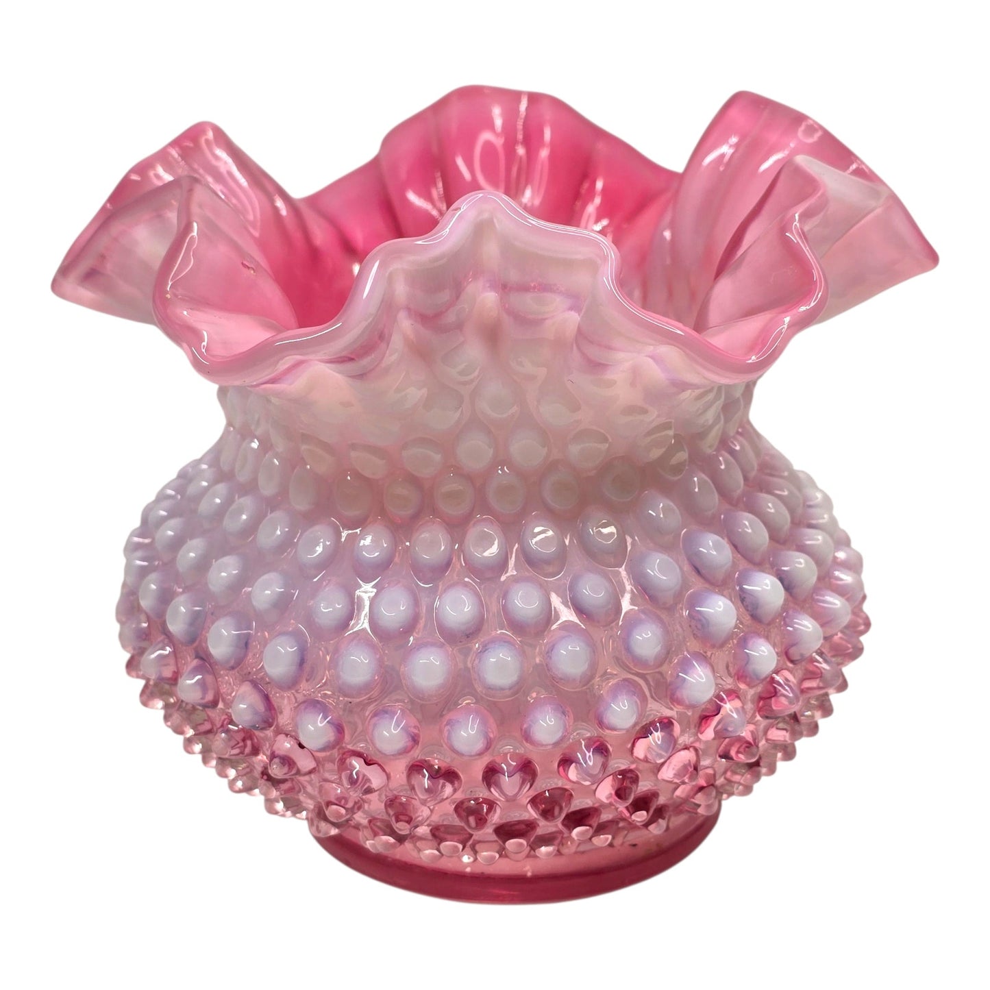AS IS Fenton Cranberry Rose Opalescent Hobnail Ruffled Vase Uranium Reactive