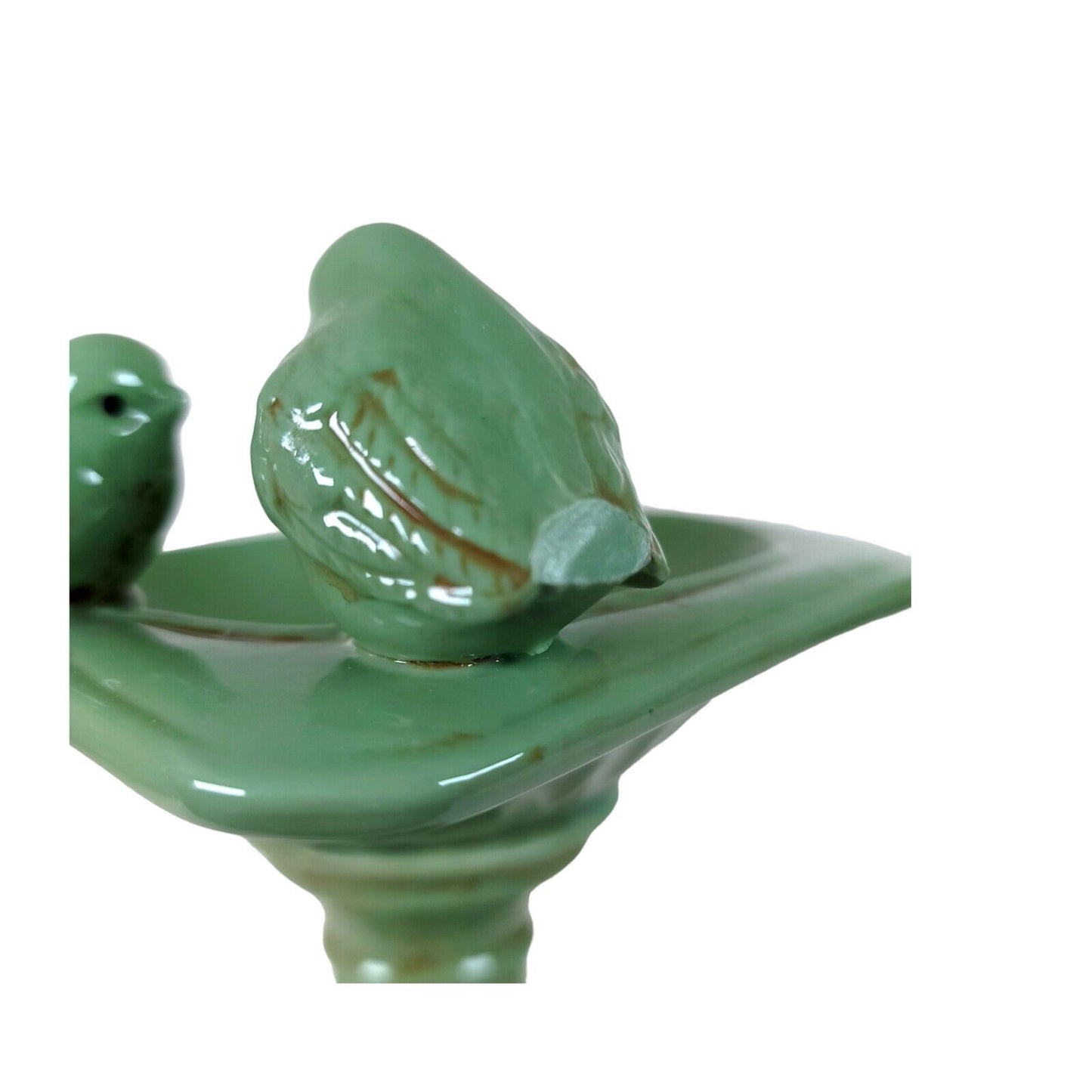 Tabletop Bird Bath Feeder Green Glazed Ceramic with 2 Perched Birds FLAW