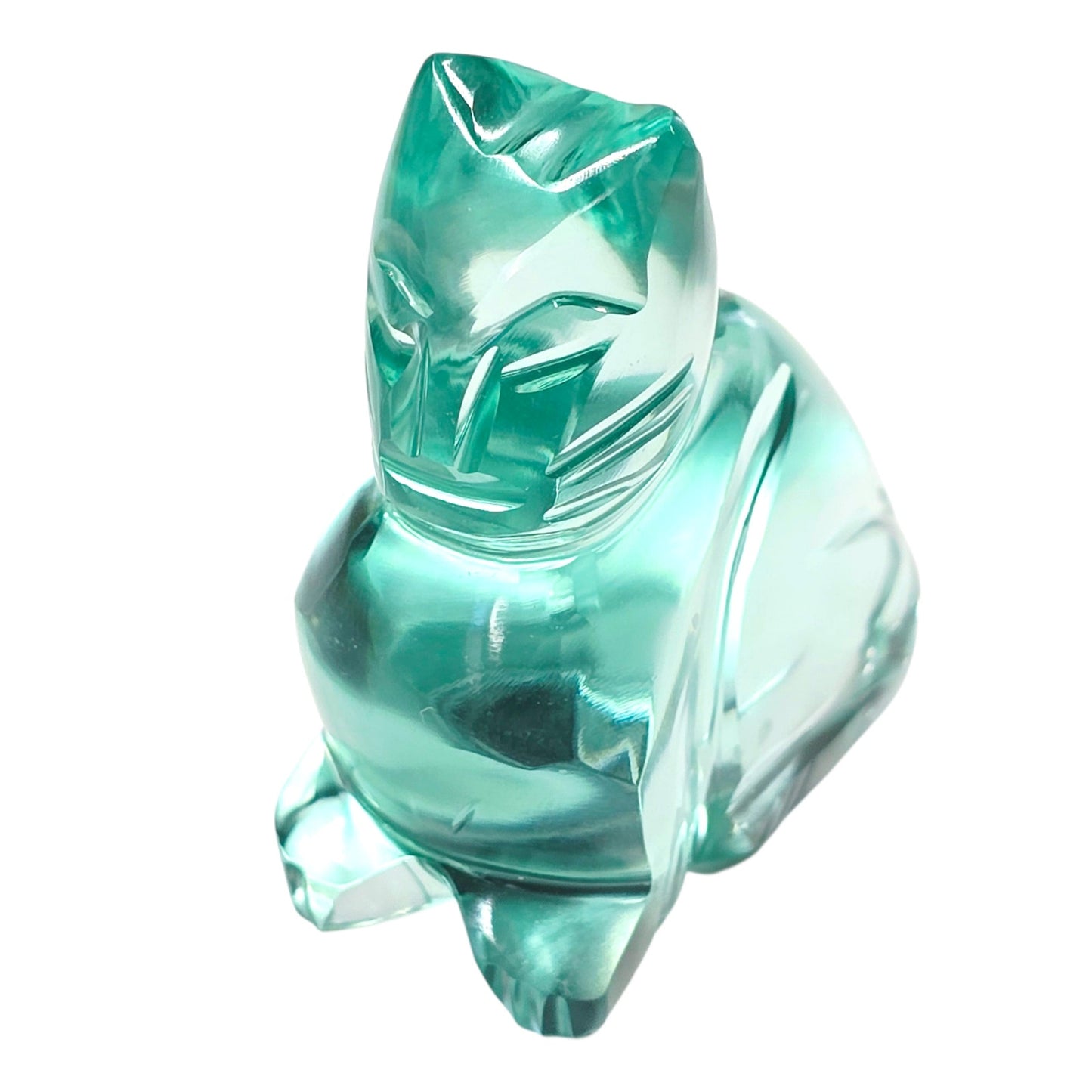 Art Glass Cat Figurine Teal Aqua Modernist Style Polished Finish 2.25"