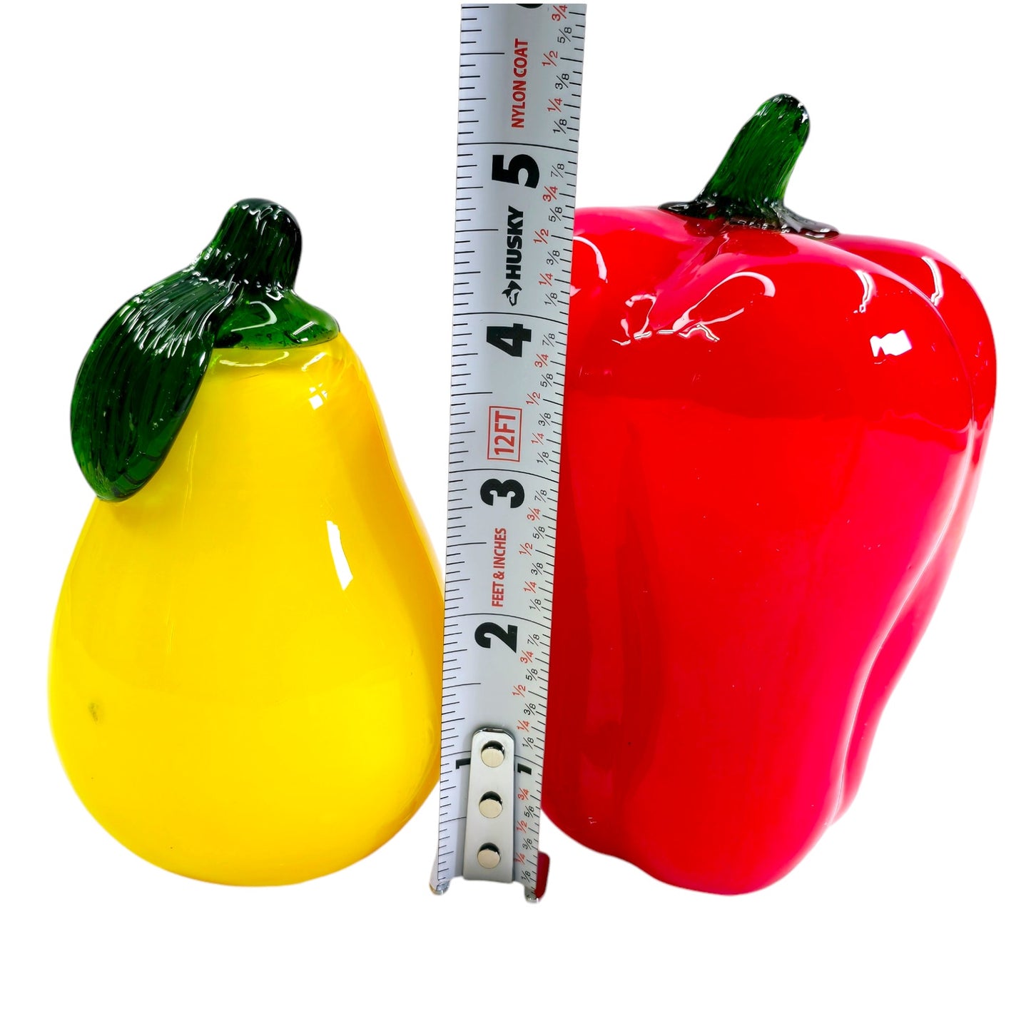 Hand-Blown Art Glass Yellow Pear and Red Bell Pepper, Glass Fruit, Glass Vegetable