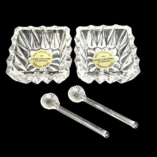 Vtg Princess House Crystal Salt Cellars & Tiny Glass Spoons W. Germany 24% Lead