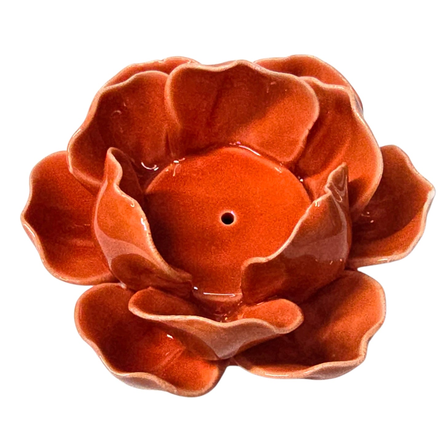 Vintage Poppy Orange Glazed Pottery Lotus Flower Candle Holder Tea Light Artisan