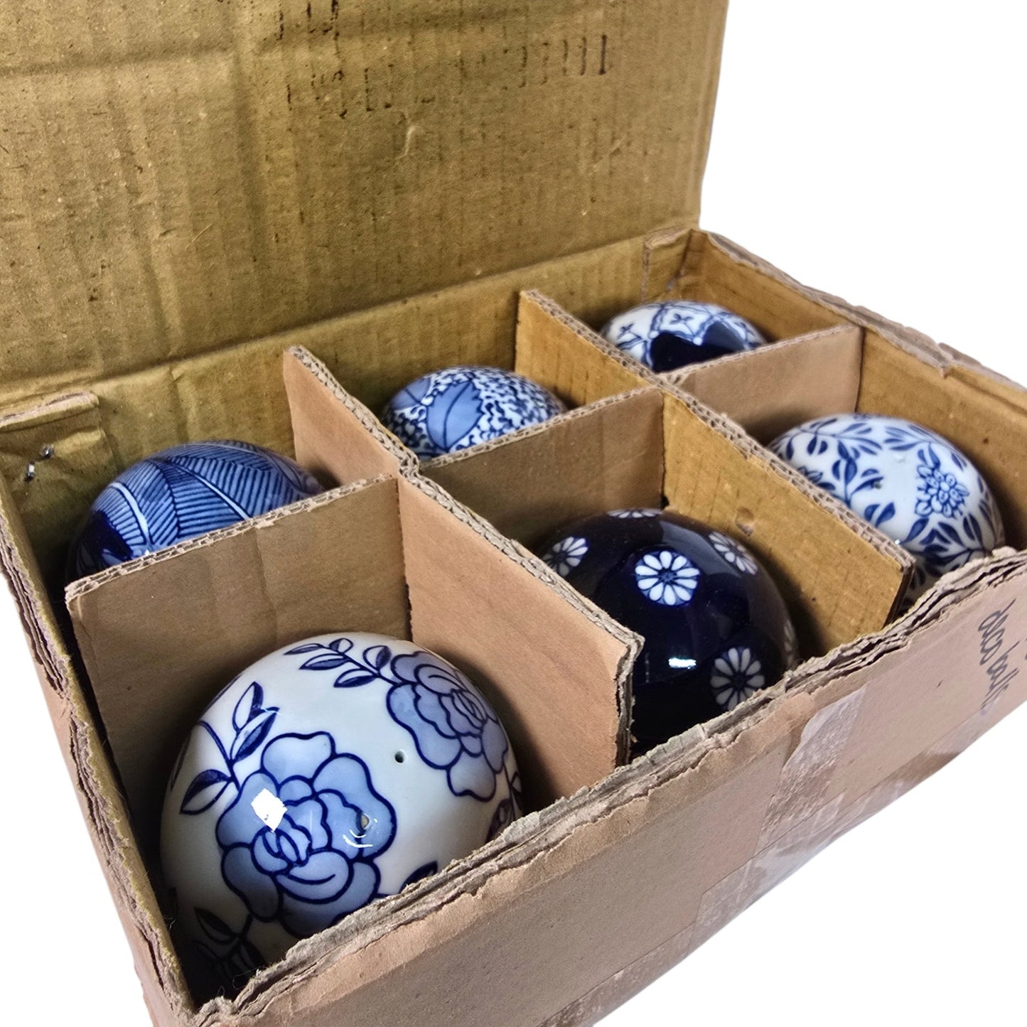 Blue and White Ceramic Decorative Orbs Set of 6 Chinoiserie Style Home Decor