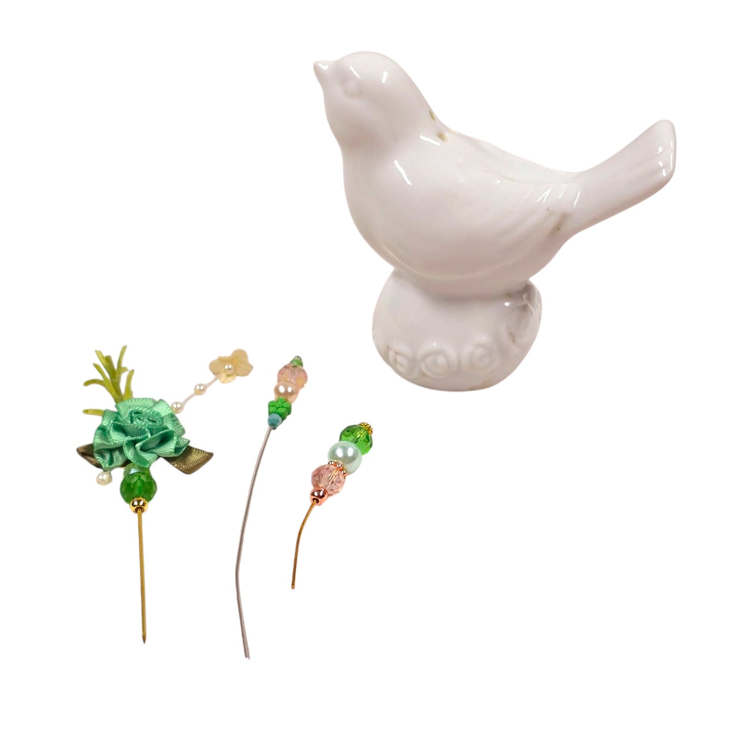 Vintage Green Floral Accent White Bird Salt Shaker Hat Pin Display