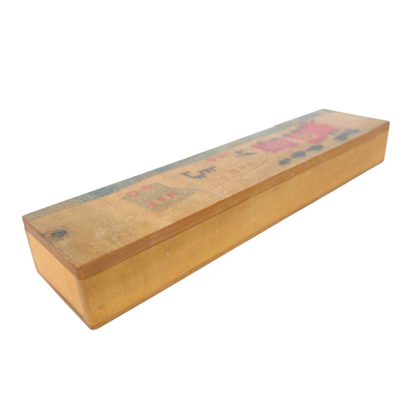 Vintage Wooden Sliding Lid Pencil Box - Hand-Painted Train Motif Mid Century 9"