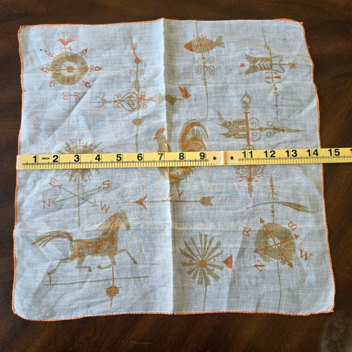 Vintage Weather Vane Handkerchief Rooster Horse Fish Retro Yellow Hanky