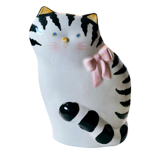 Vintage Flat Cat Coin Bank, White w/ Black Stripes, Pink Bow