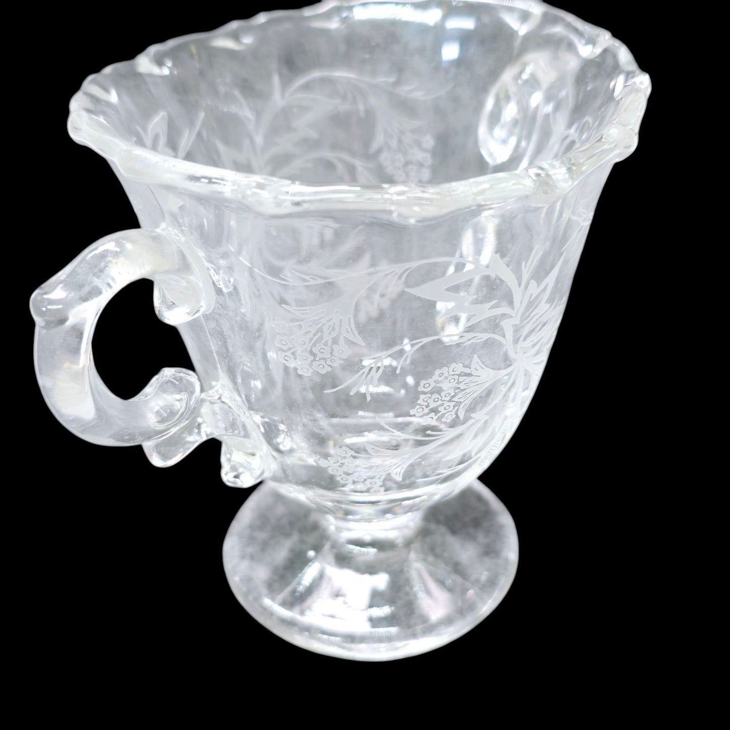 Vtg Fostoria Heather Glass Sugar Jar w/ Handles Baroque Style Floral Leaf Pattern