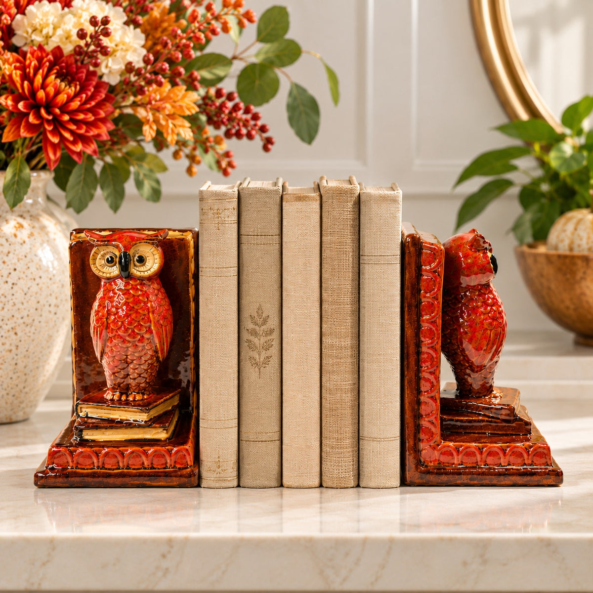Vtg Ceramic Owl Bookends Great Horned Owl Red Glaze Owls on Books Retro Fall MCM