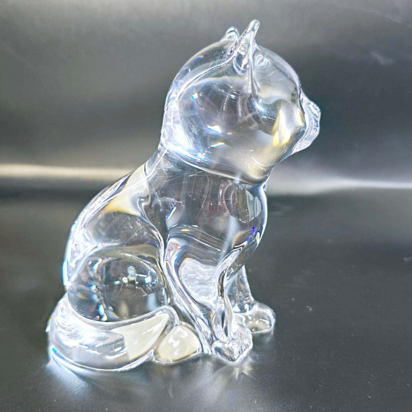 Handblown Clear Art Glass Cat, Polished Bottom